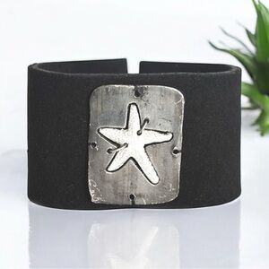 Handmade Silver Tone Starfish Leather Cuff Bracelet